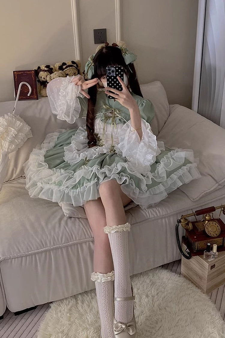 Green Multi-layer Ruffle Hanayome Lace Lace-Up Plus Size Sweet Lolita Jsk Dress (Short Version) - Product - 5