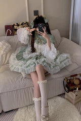 Green Multi-layer Ruffle Hanayome Lace Lace-Up Plus Size Sweet Lolita Jsk Dress (Short Version) - Product - 5