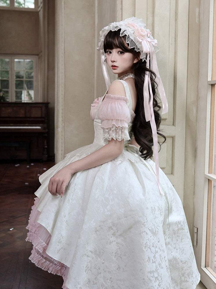 Pink & White Gothic Underbust JSK Dress and Off-Shoulder Blouse Set detail view 5
