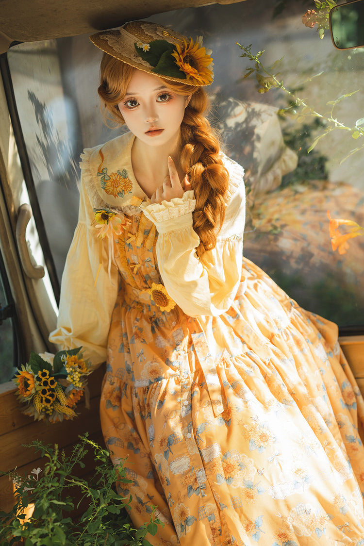 Green [Gardening Sunflower] Sleeveless Print Ruffle Bowknot Sweet Elegant Lolita Jsk Dress - Product - 9