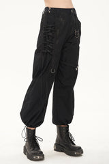 Black Irregular Print Single Side Frenulum Ring Legs Drawstring Closing Women's Punk Pants - Product - 2