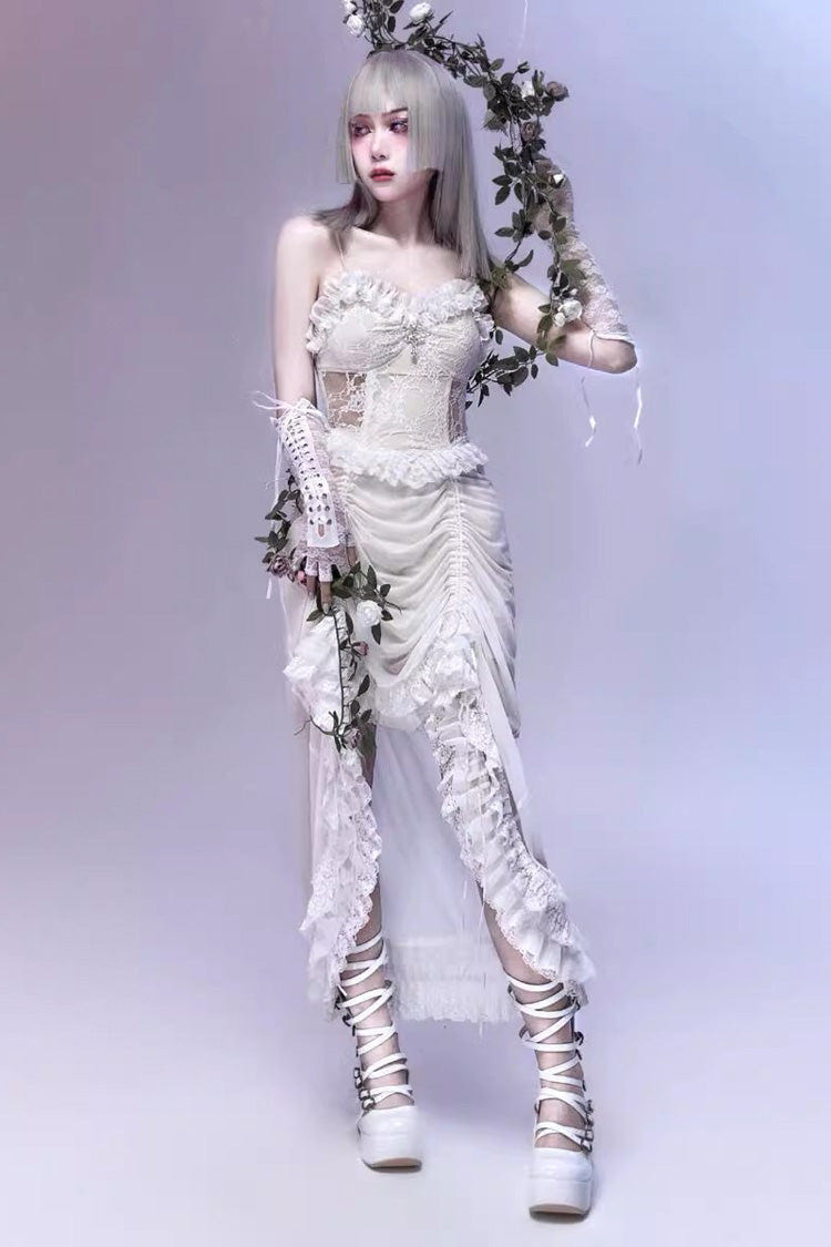 White [Redemption of the Deity] Drawstring Ruffle Embroidery Lace Pleated Gothic Lolita Jsk Dress - White - 1