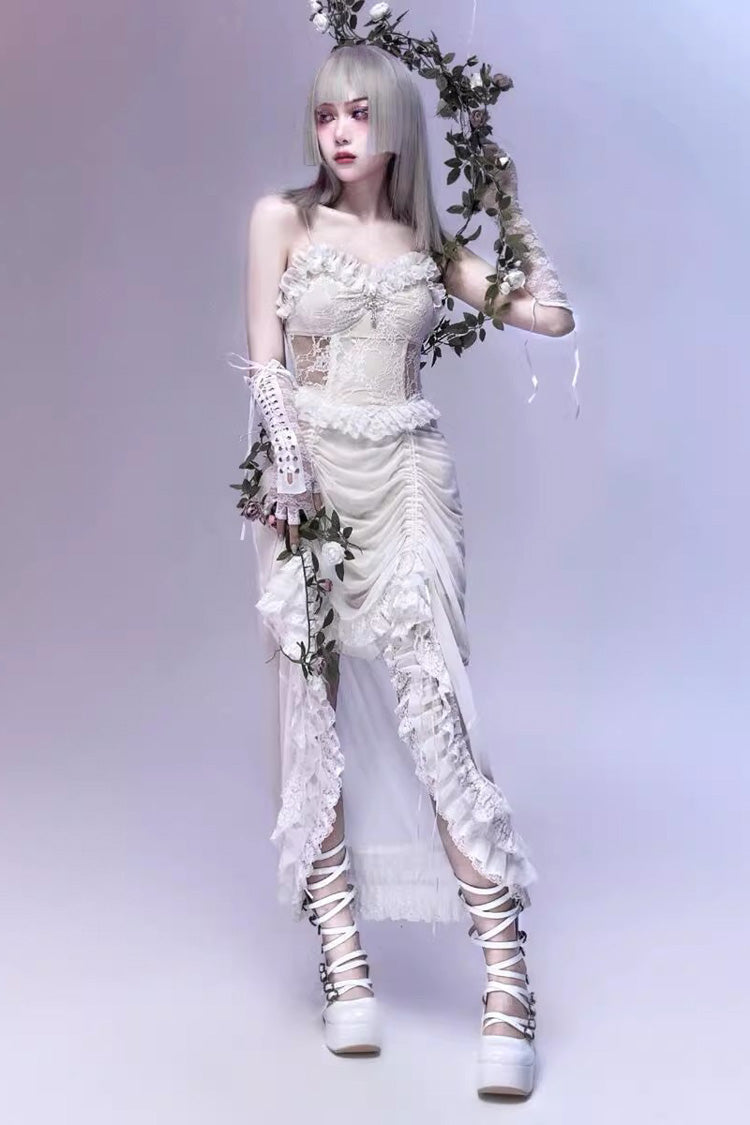 White [Redemption of the Deity] Drawstring Ruffle Embroidery Lace Pleated Gothic Lolita Jsk Dress - White - 1