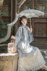 Blue [Flower Room] Stand Collar Long Sleeves High Waisted Printed Embroidered Women's Sweet Classic Hanfu Dress Set - Product - 7