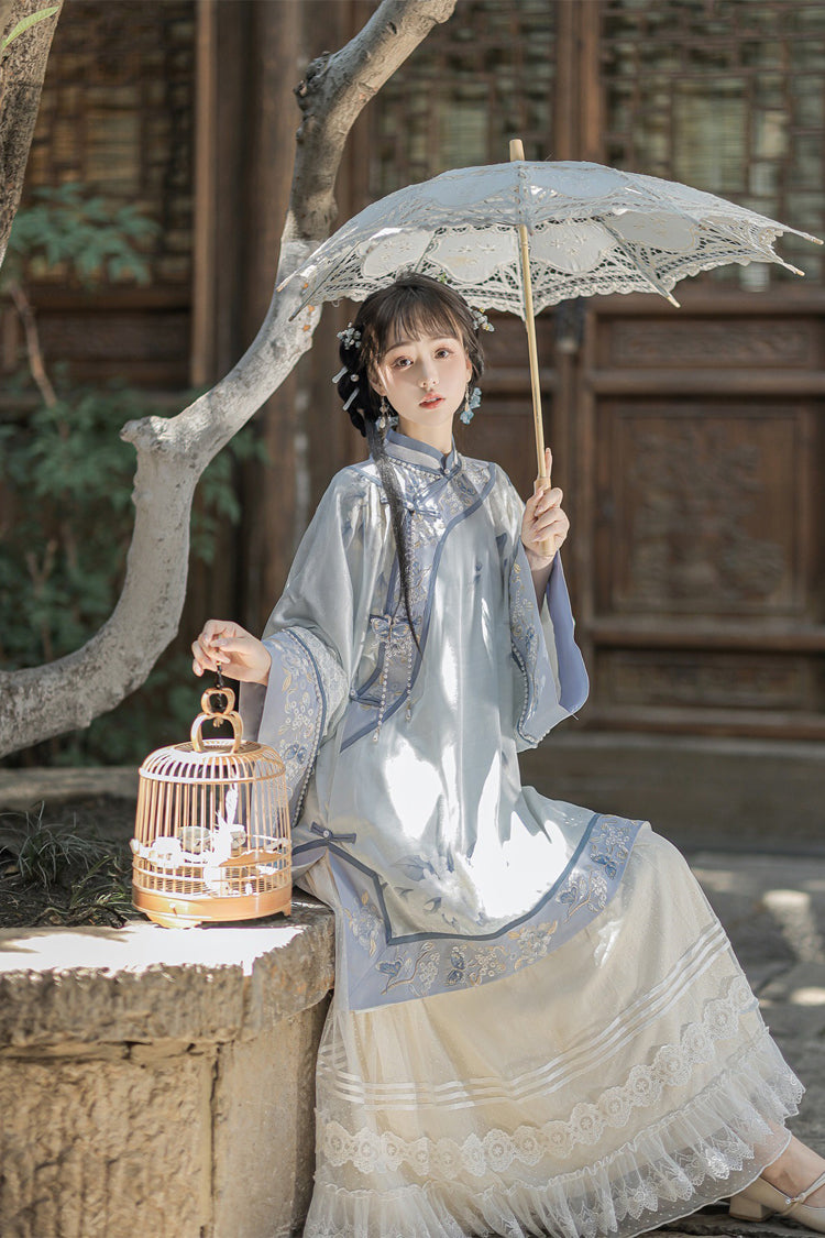 Blue [Flower Room] Stand Collar Long Sleeves High Waisted Printed Embroidered Women's Sweet Classic Hanfu Dress Set - Product - 7