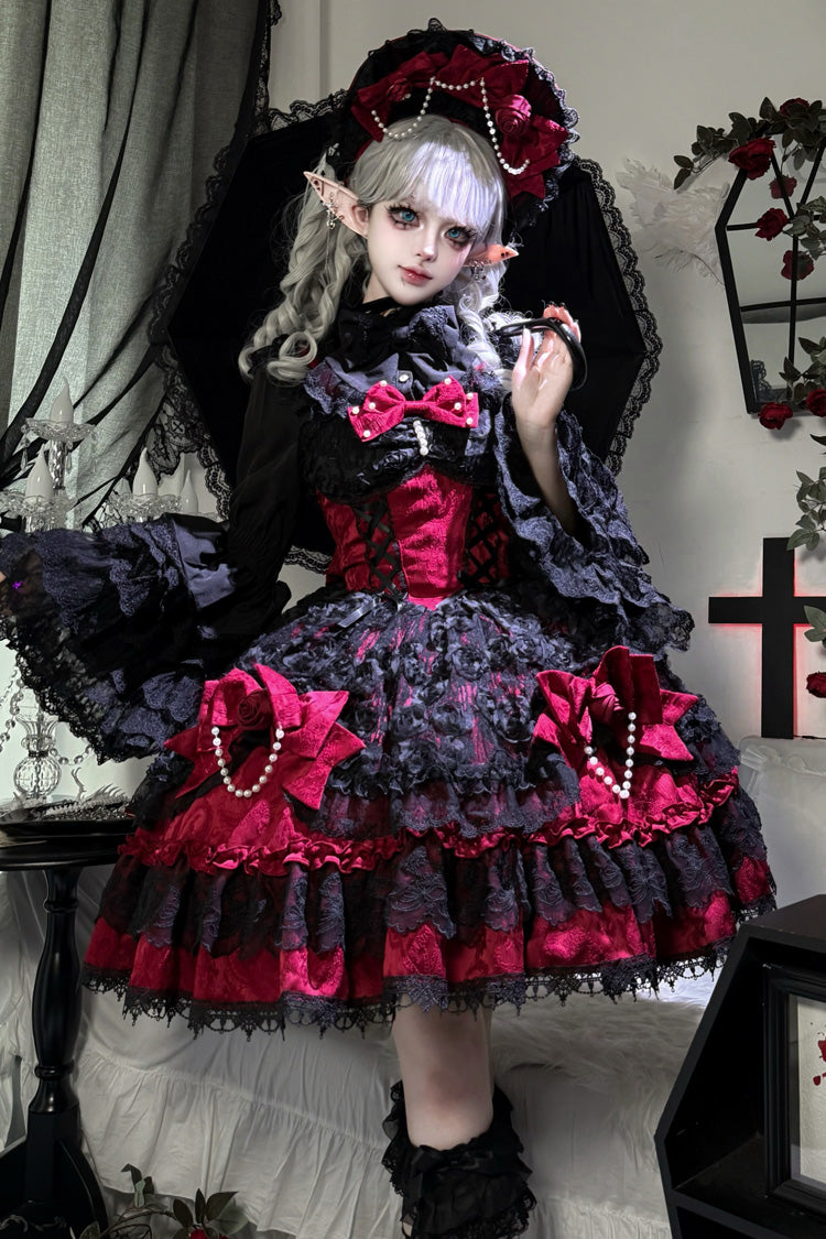 Black/Red [Rose Princess] Sleeveless Ruffle Bowknot Lace Lace-Up Gothic Ballet Lolita Jsk Dress - Black/Red - 1