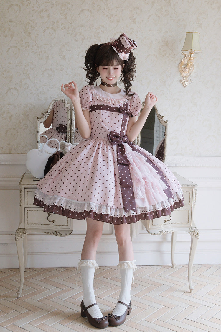 Pink [Canelé Gift Box] Round Collar Short Sleeves Double-Layered Printed Polka Dot Ruffled Open-Front Bow Asymmetric Sweet Lolita Dress - Product - 25