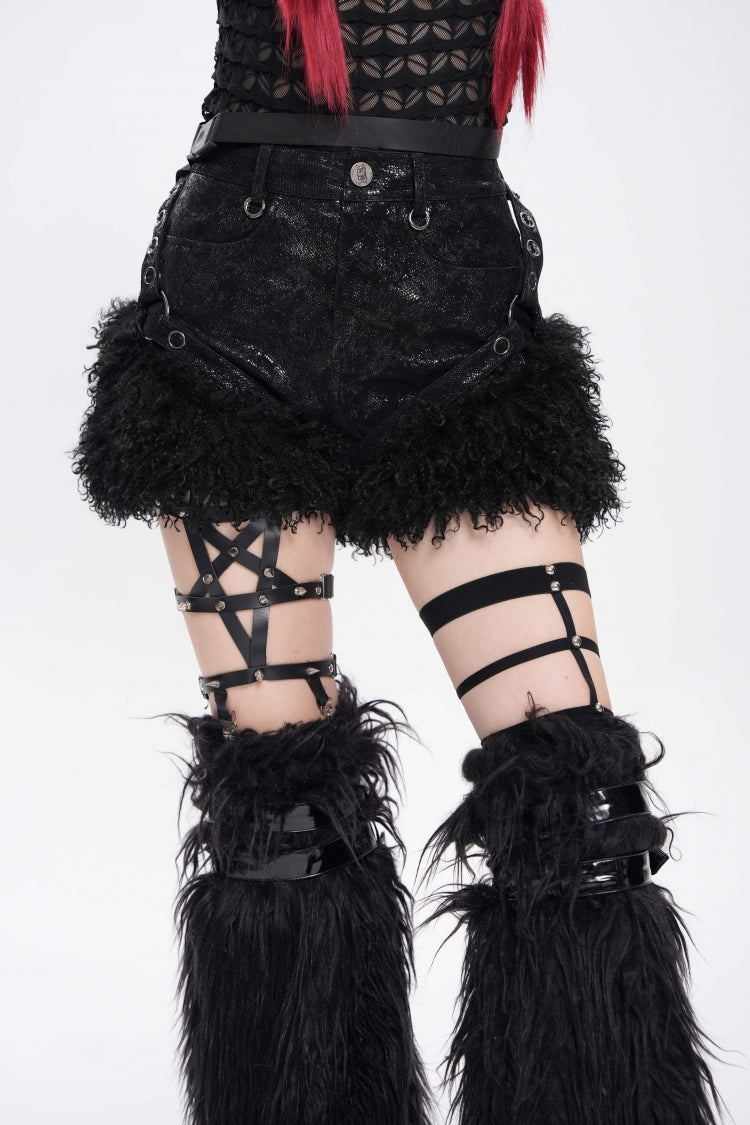Black Plush Stitching Buckle Straps Women's Punk Shorts - Black - 1