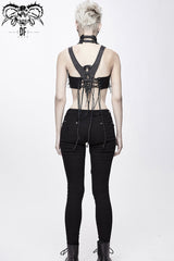 Black Mesh Leather Choker Lace Up Broken Holes Women's Punk Corset - Product - 7