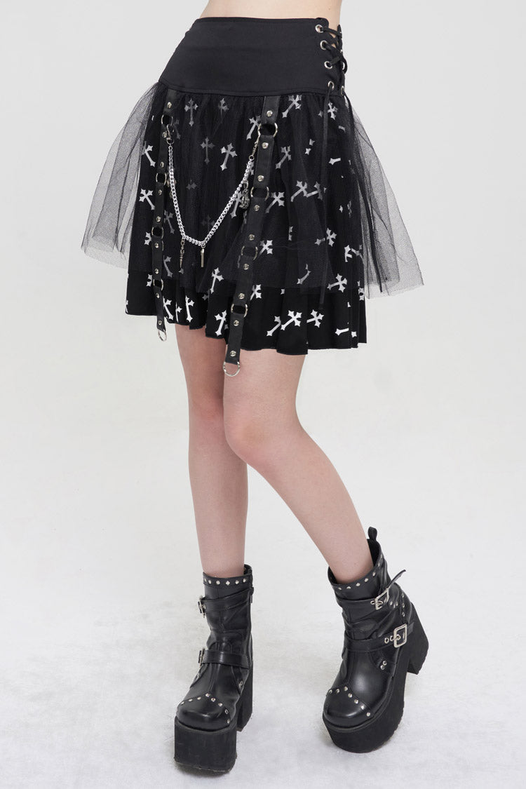 Black/White Knitted Fabric Cross Print Side Waist Straps Detachable Metal Chain Women's Punk Skirt - Product - 2