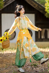 Yellow/Green Round Collar Long Sleeves Print Women's Sweet Hanfu Pants Full Set - Product - 4