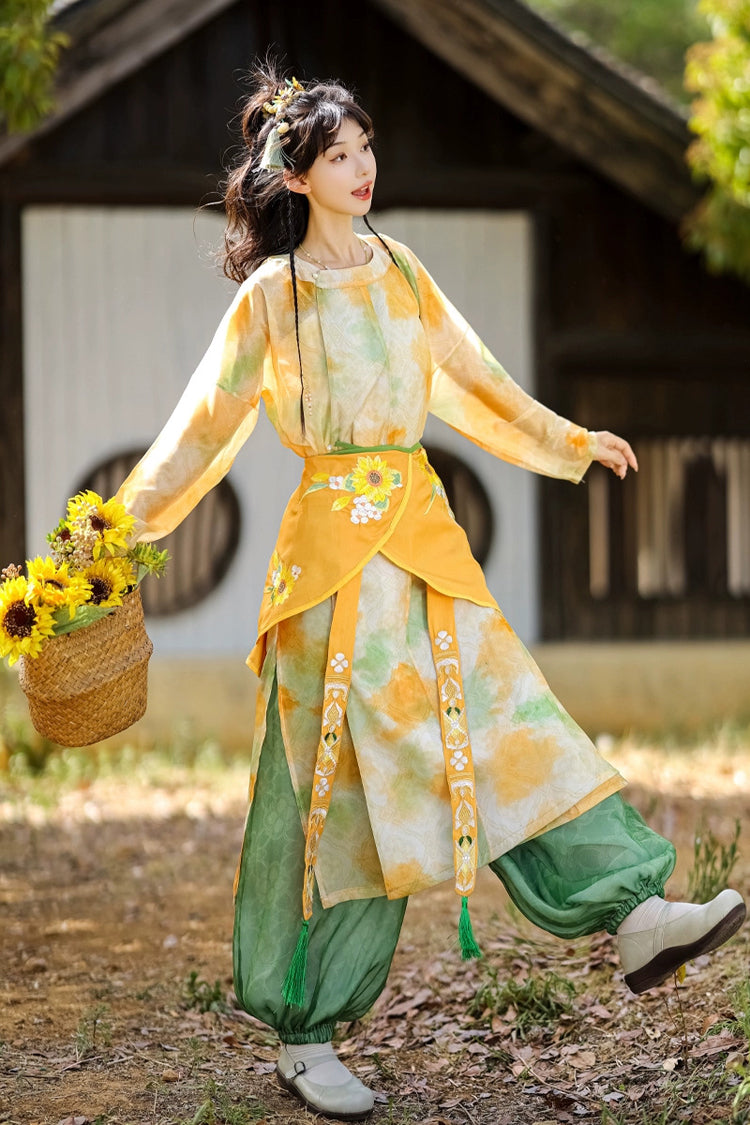 Yellow/Green Round Collar Long Sleeves Print Women's Sweet Hanfu Pants Full Set - Product - 4