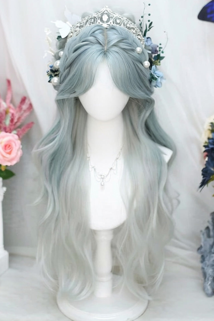 Blue/Grey Ombre Eight Bangs Long Curly Sweet Lolita Wig - Blue/Grey - 1