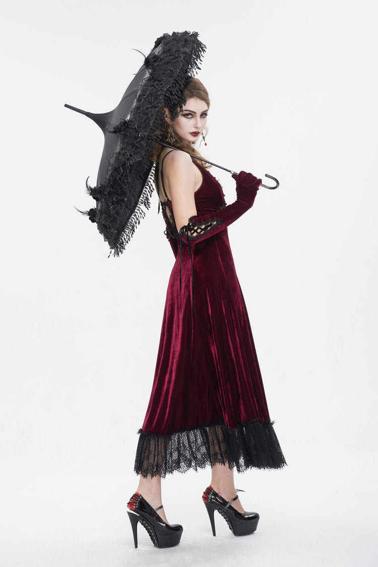 Red Lace Up Lace Hem Slip Long Women's Gothic Dress - Product - 5