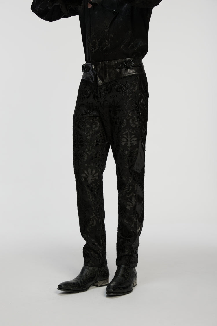 Black Jacquard Floral Embroidered Men's Gothic Pants - Product - 6