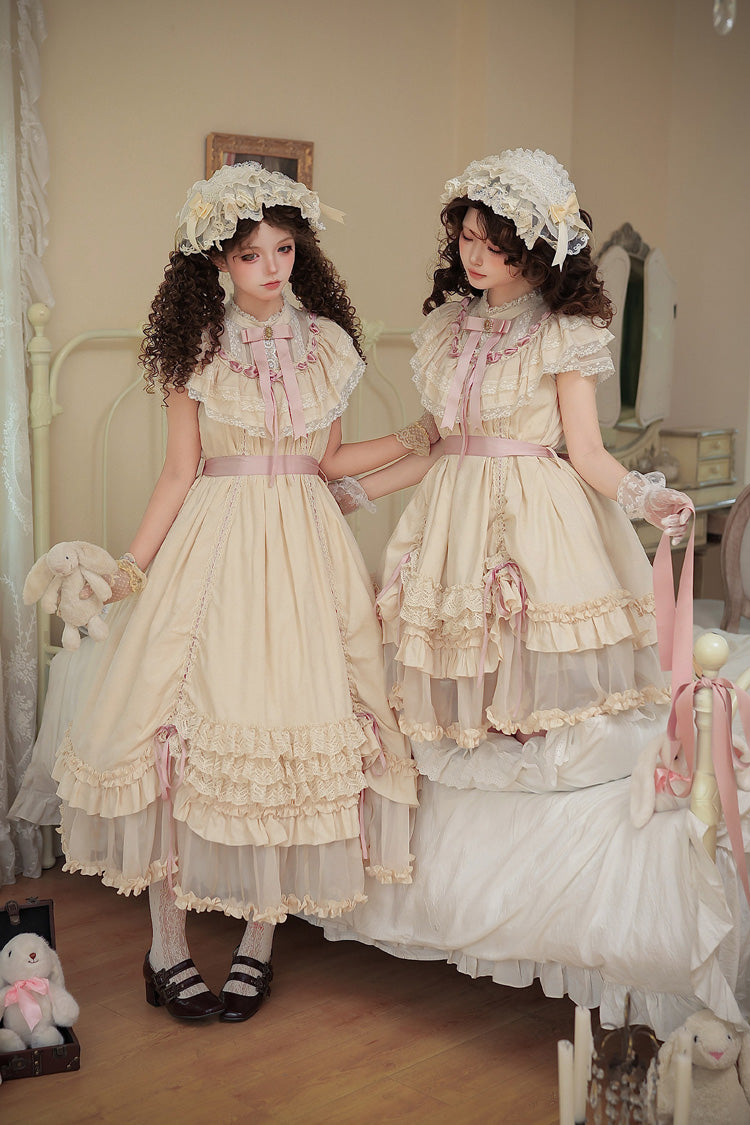 Apricot [Lily's Dream] Stand Collar Short Sleeves Loose-Fit Doll-Like Multi-Layered Ruffled Bow Lace Sweet Lolita Dress 2 Versions - Product - 4