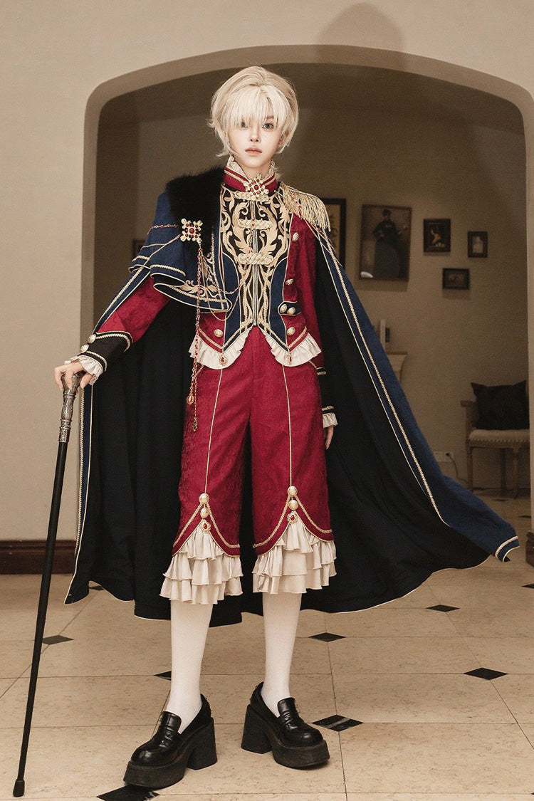 Red/Blue [Royal Glory] Stand Collar Long Sleeves Ruffled Embroidered Gothic Vintage Prince Palace Ouji Lolita Set - Product - 2