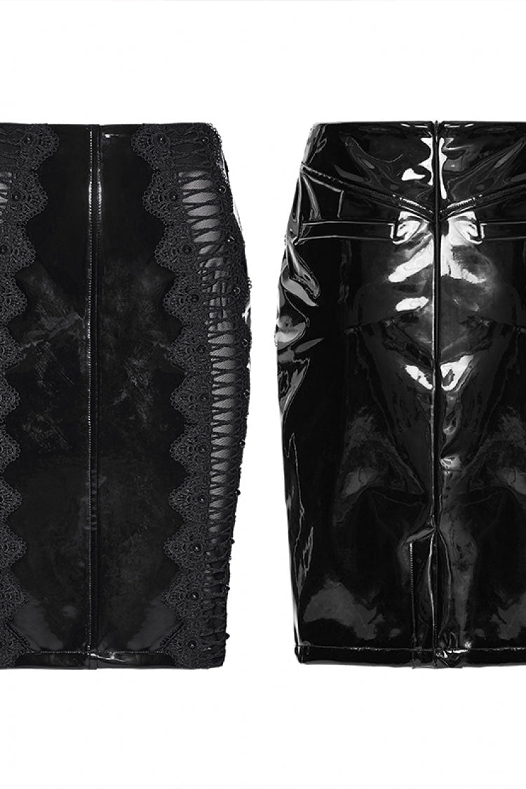 Black Spliced Lace Women's Gothic Lace Splice Faux Leather Skirt - Product - 2