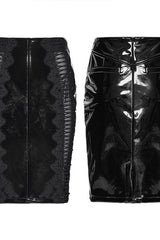 Black Spliced Lace Women's Gothic Lace Splice Faux Leather Skirt - Product - 2