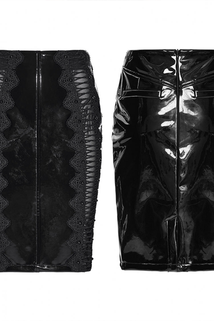 Black Spliced Lace Women's Gothic Lace Splice Faux Leather Skirt - Product - 2