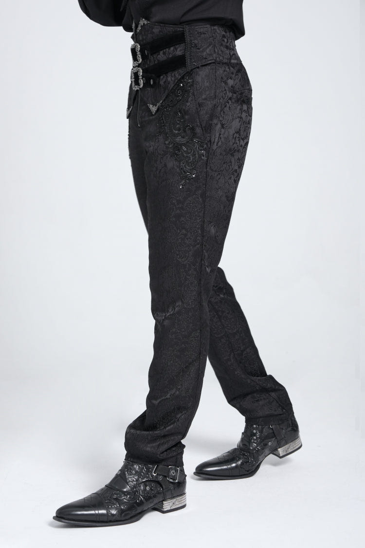 Black Double Buckles High Waisted Embroidery Men's Gothic Suit Pants - Product - 6