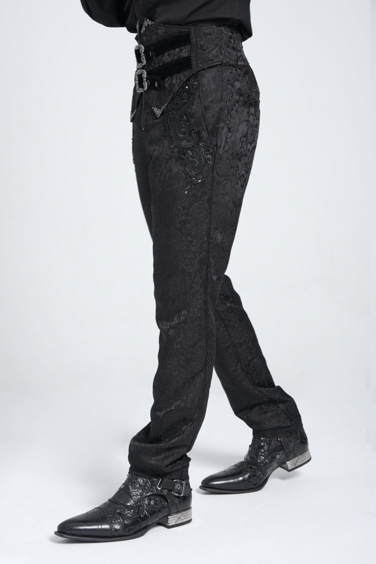 Black Double Buckles High Waisted Embroidery Men's Gothic Suit Pants - Product - 6
