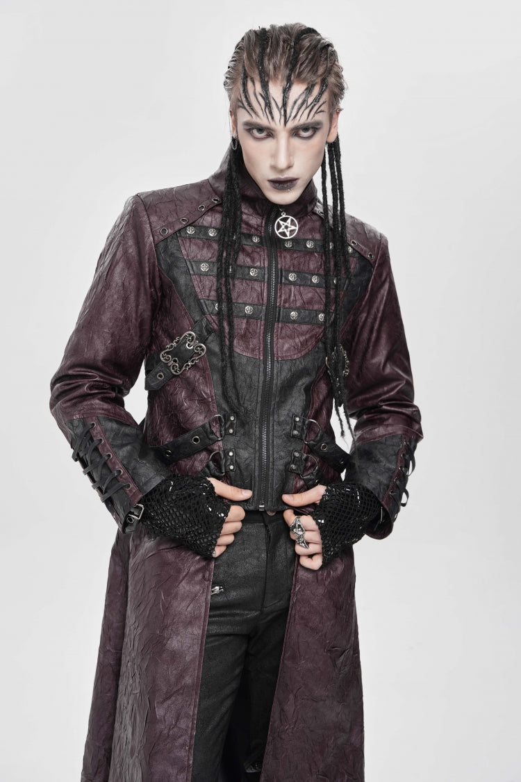 Red Stand Collar Zipper Straps Eyelet Men's Punk Coat - Product - 7