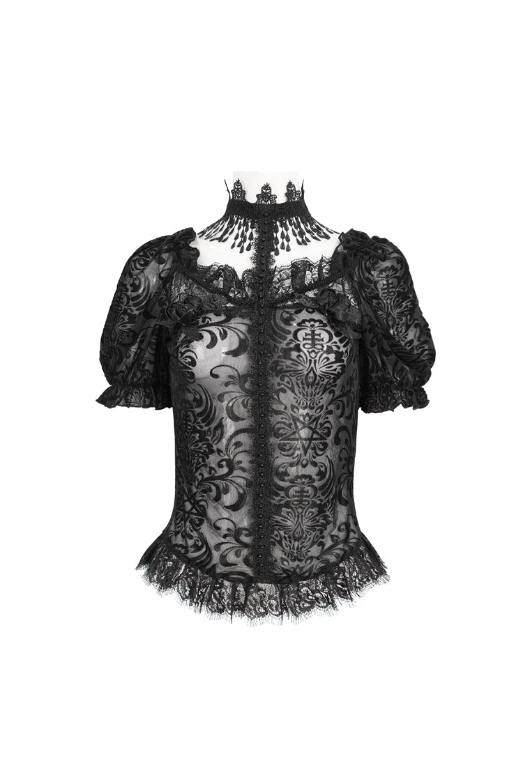 Black Short Sleeves Print Ruffle Lace Sheer Women's Gothic Blouse - Product - 5