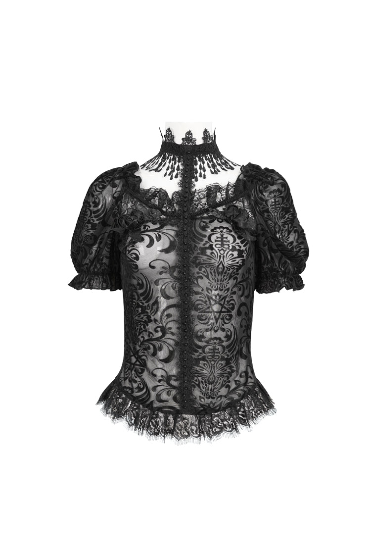 Black Short Sleeves Print Ruffle Lace Sheer Women's Gothic Blouse - Product - 5