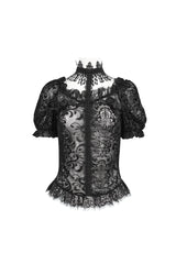 Black Short Sleeves Print Ruffle Lace Sheer Women's Gothic Blouse - Product - 5