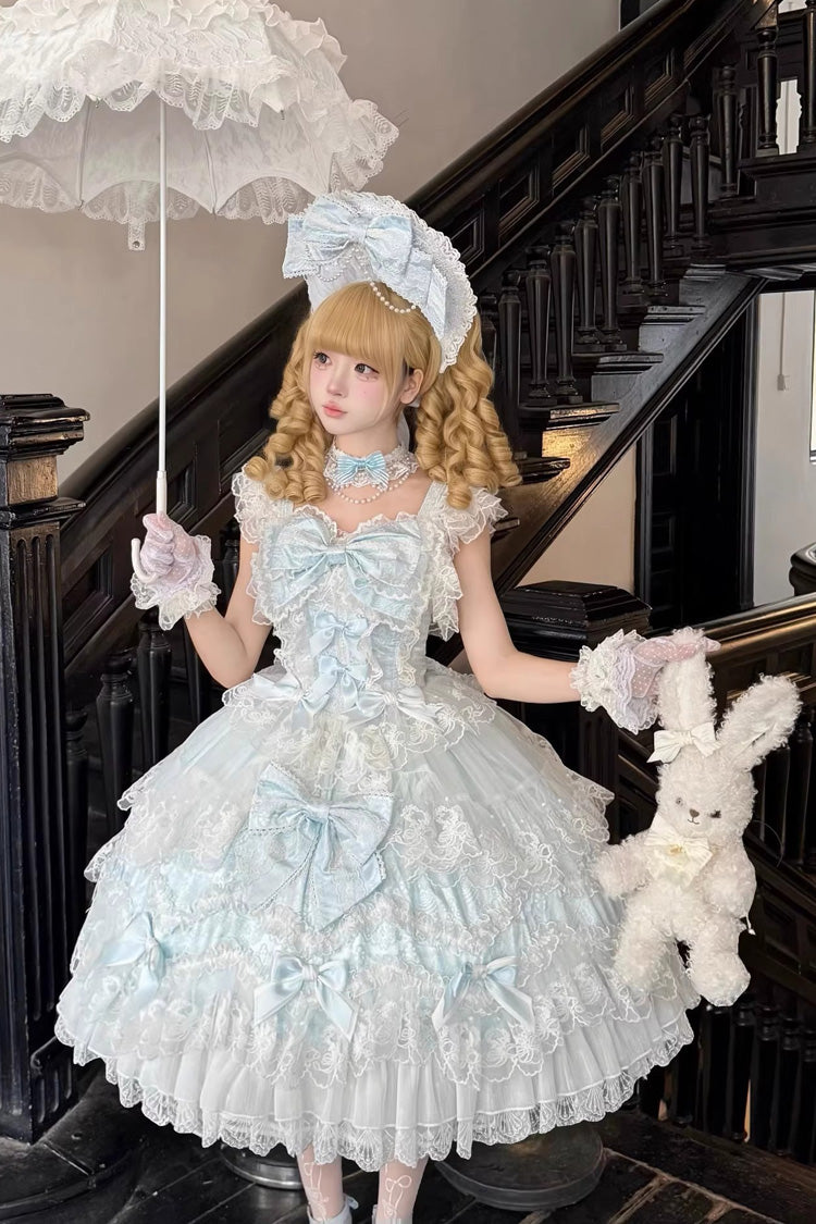 Blue [Sakura Dream Romance] Sleeveless Multi-Layered Ruffled Hanayome Bow Lace Sweet Princess Lolita Jsk Dress - Product - 4