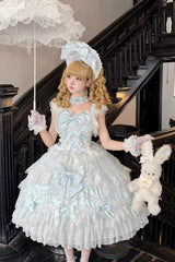 Blue [Sakura Dream Romance] Sleeveless Multi-Layered Ruffled Hanayome Bow Lace Sweet Princess Lolita Jsk Dress - Product - 4