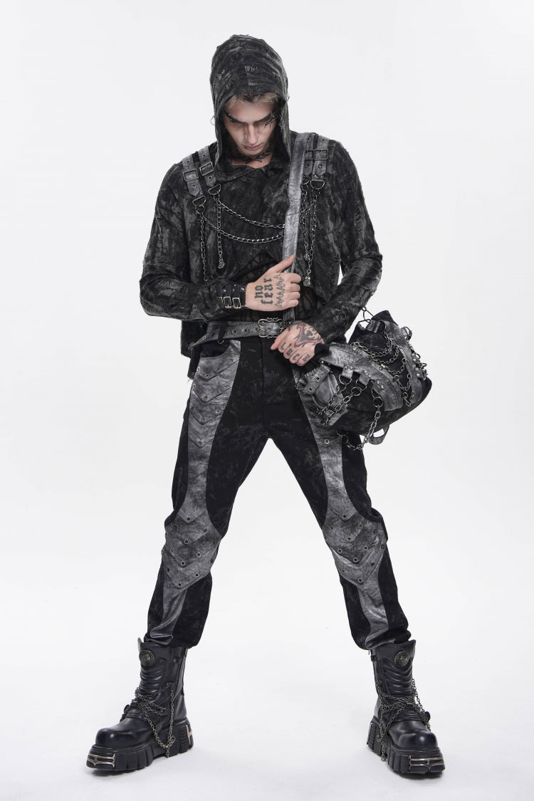 Grey Printed Cut-Out Spliced Color-Blocked Men's Punk Cool Pants - Product - 5