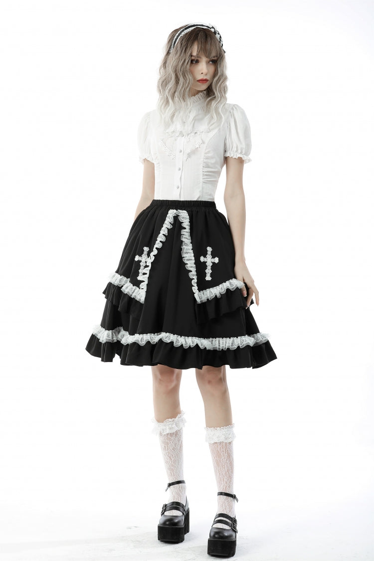 White Short Puff Sleeves Ruffled Neckline Lace Lace-Up Women's Gothic Blouse - Product - 9