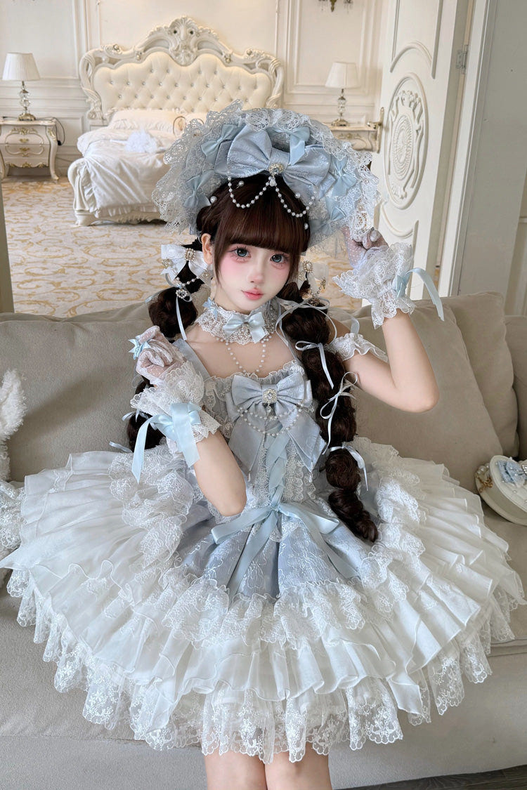 ブルー [Pearl Ballet] スクエアカラー ノースリーブ ティアード フリル リボン レースアップ パール-Decorated スウィート バレエ ロリータ ジャンパースカート（JSK） 商品画像