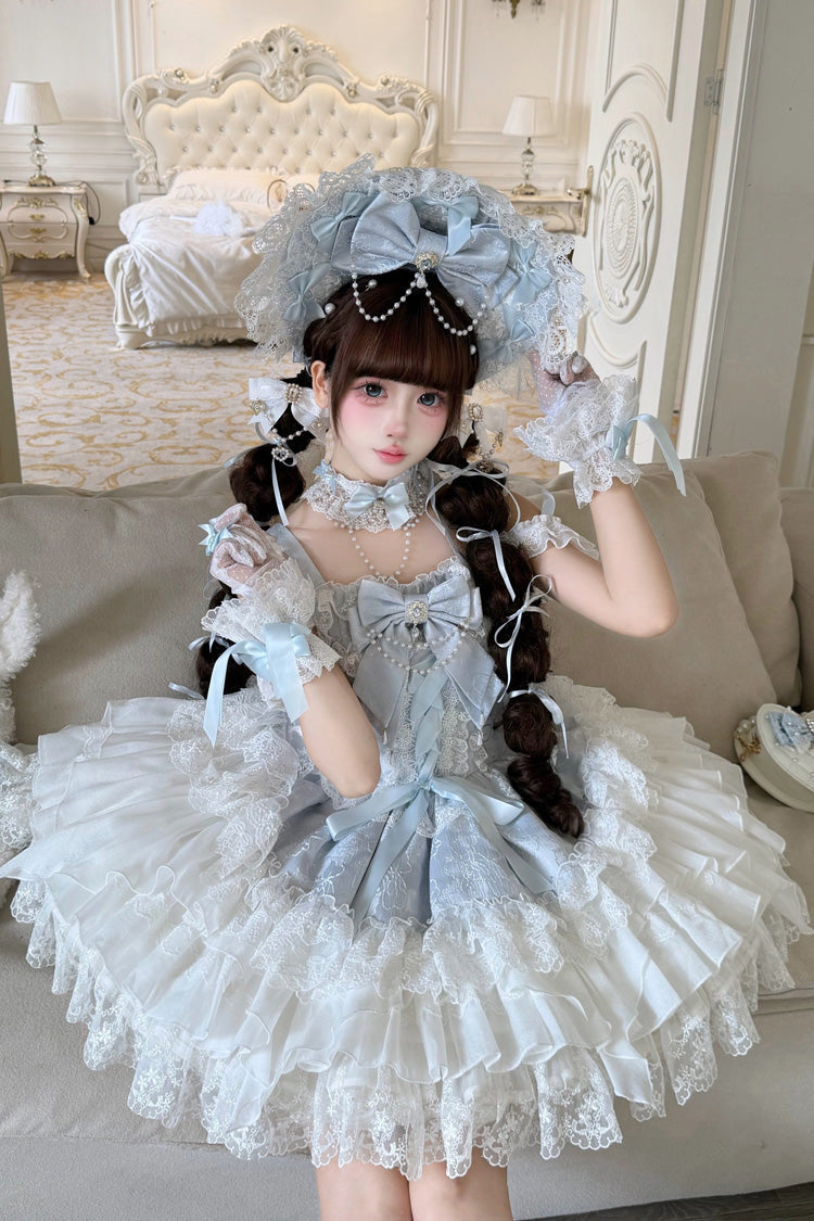 Blue [Pearl Ballet] Square Collar Sleeveless Multi-Layered Ruffled Bow Lace-Up Pearl-Decorated Sweet Ballet Lolita Jsk Dress - Product - 7