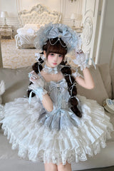 Blue [Pearl Ballet] Square Collar Sleeveless Multi-Layered Ruffled Bow Lace-Up Pearl-Decorated Sweet Ballet Lolita Jsk Dress - Product - 7
