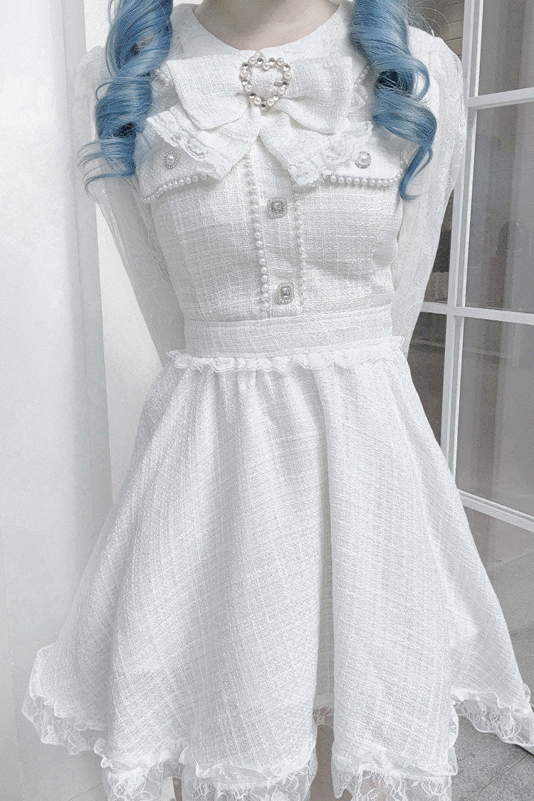 White Long Sleeves Bowknot Lace Pearl Sweet Jirai Kei Dress - Product - 7
