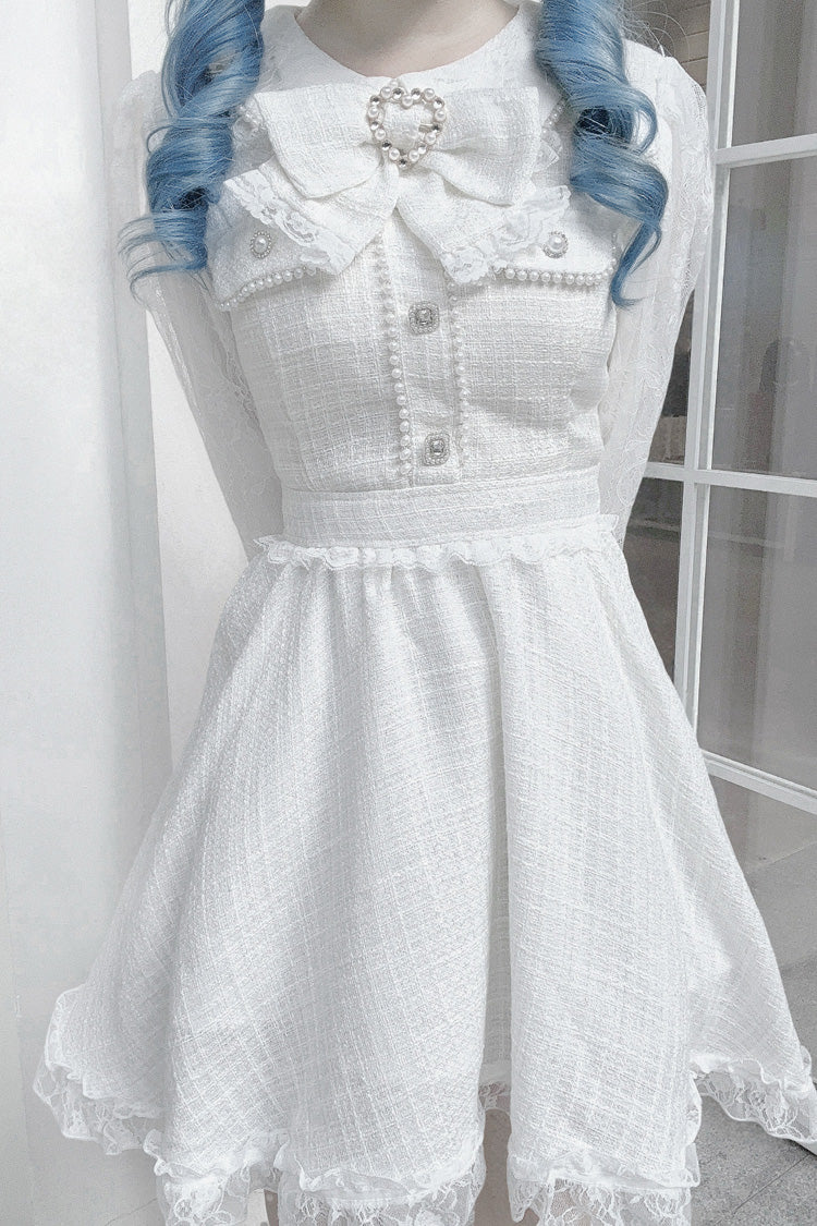 White Long Sleeves Bowknot Lace Pearl Sweet Jirai Kei Dress - Product - 7