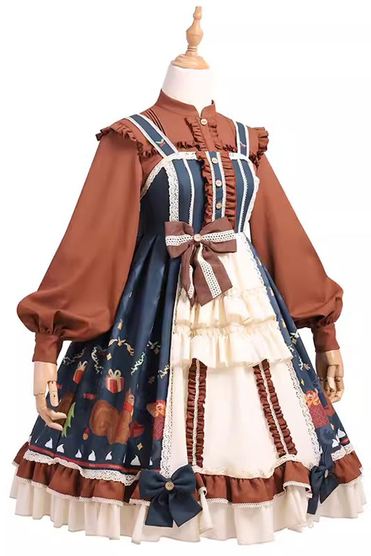 Multi-Color Christmas Far Away Print Ruffle Bowknot Sweet Princess Lolita Jsk Dress - Product - 5
