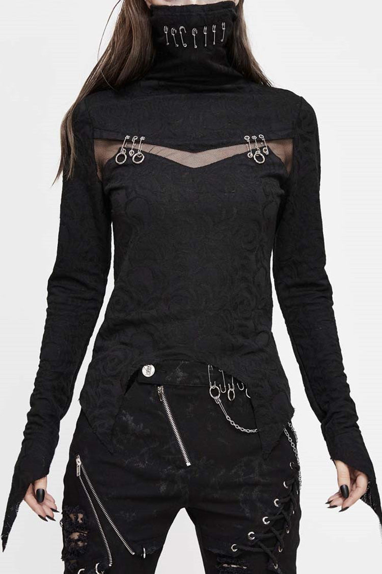Black Turtleneck Chest Splice Fine Mesh Pin Decoration Sharp Angle Hem Women's Punk Shirt - Black - 1