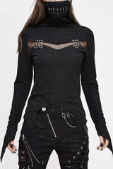 Black Turtleneck Chest Splice Fine Mesh Pin Decoration Sharp Angle Hem Women's Punk Shirt - Black - 1