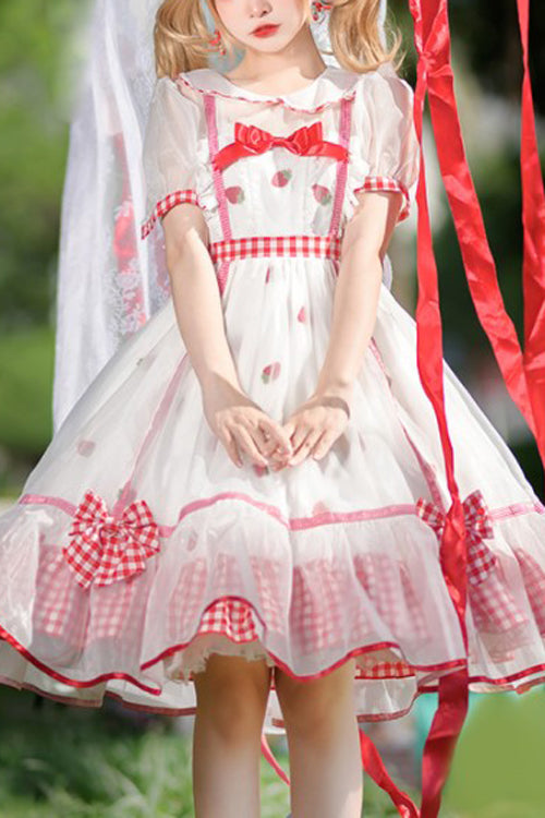 White/Red Round Collar Short Sleeves High Waist Strawberry Print Sweet Lolita Dress - White/Red - 1