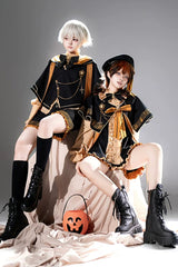 Black/Orange [The Choir Of The Church] Stand Collar Long Sleeves Bow Chain-Decorated Ouji Gothic Prince Lolita Pumpkin Shorts Set - Product - 10
