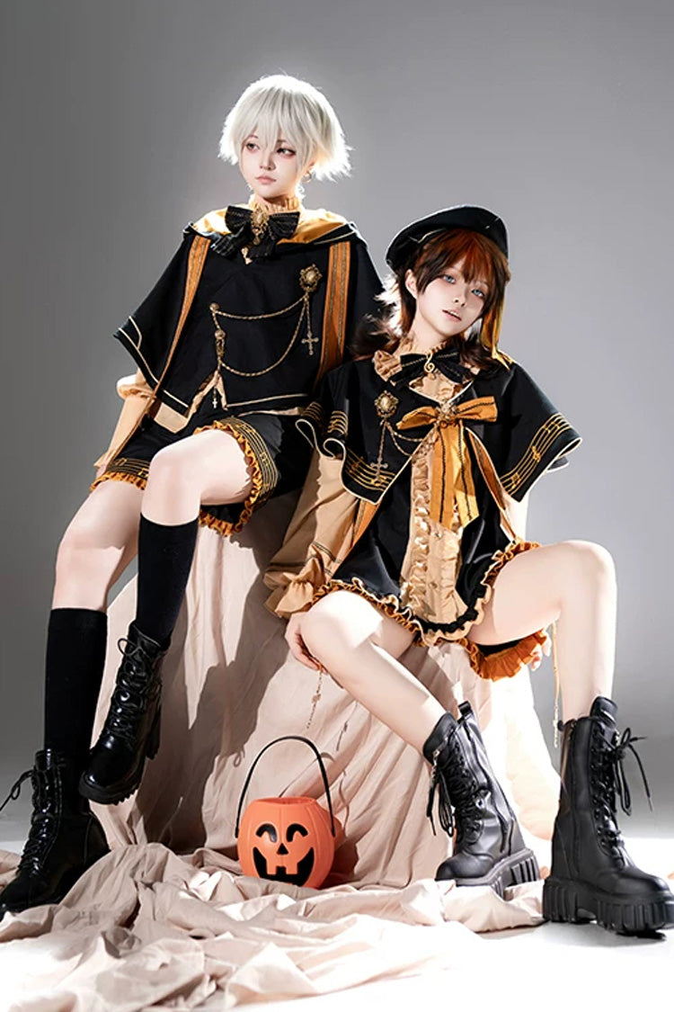 Black/Orange [The Choir Of The Church] Stand Collar Long Sleeves Bow Chain-Decorated Ouji Gothic Prince Lolita Pumpkin Shorts Set - Product - 10