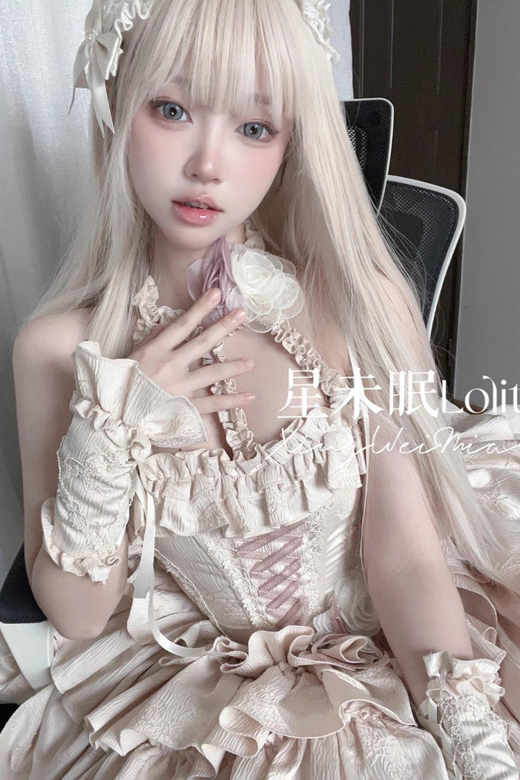 [Sunset Venus] Halterneck Sleeveless Multi-Layered Ruffle Bowknot Lace Fishbone Sweet Lolita Dress 2 Colors - Product - 4