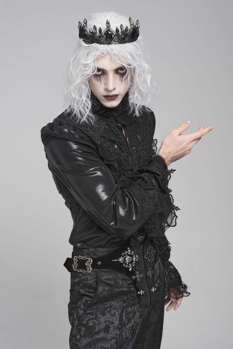 Black Stand Collar Long Puff Sleeves Embroidery Stitching Lace Men's Gothic Blouse - Product - 4