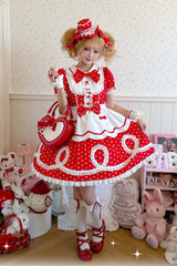 [A Day as a Candy Shop Owner] Peter Pan Collar Short Sleeves Printed Bow Sweet Lolita Dress 3 Colors (Red, Blue, Pink) - Product - 15