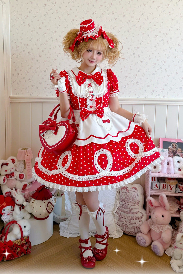 [A Day as a Candy Shop Owner] Peter Pan Collar Short Sleeves Printed Bow Sweet Lolita Dress 3 Colors (Red, Blue, Pink) - Product - 15