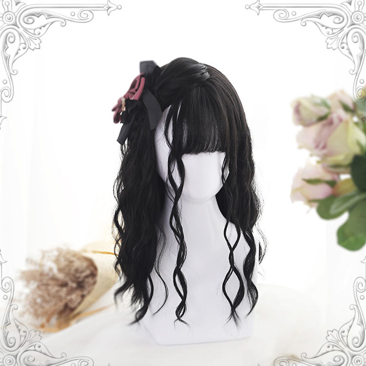 Black Air Bangs Long Hair Water Pattern Curly Classic Lolita Wigs - Black - 1
